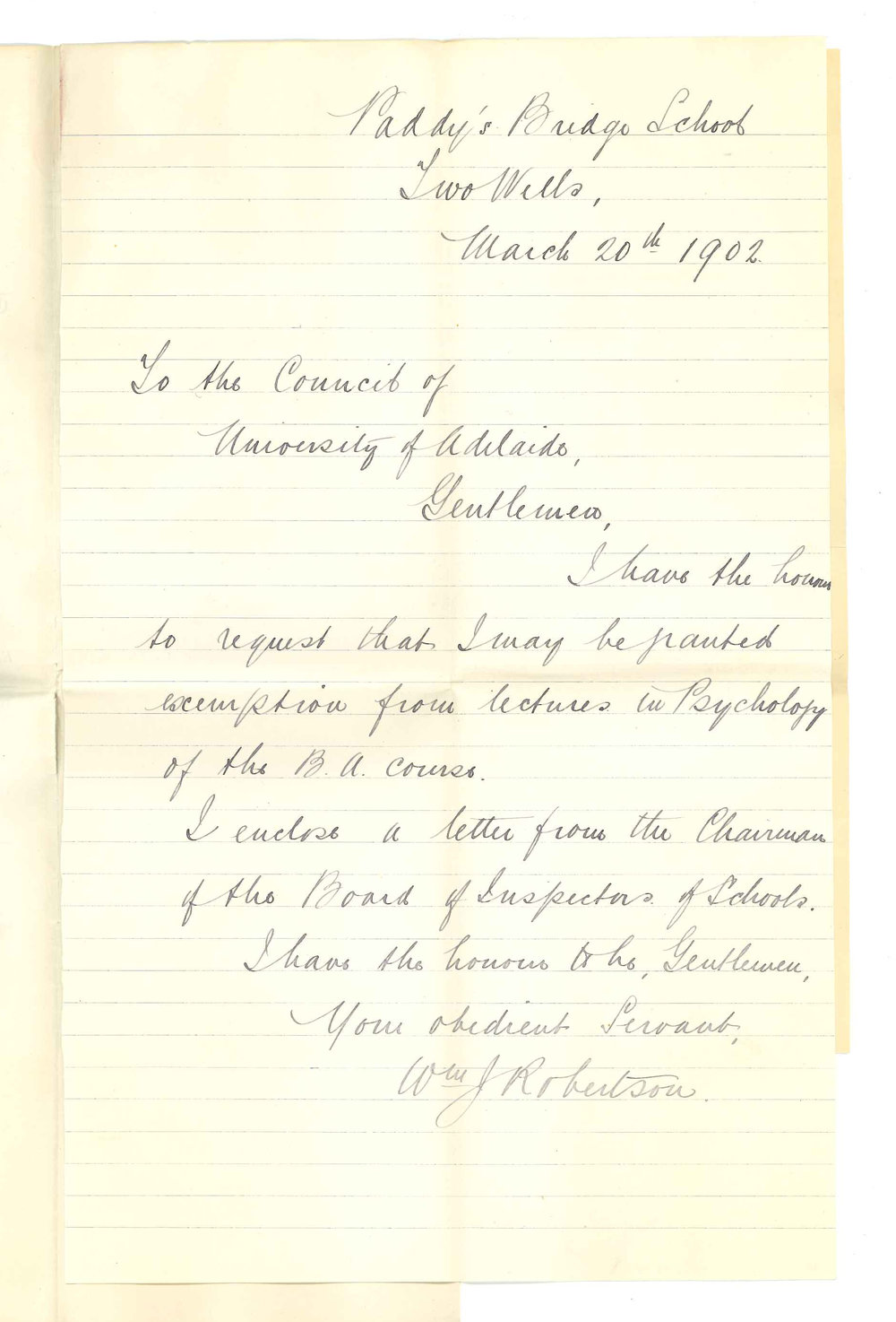 William J Robertson - Two Wells - Exemption from attendance at Lectures