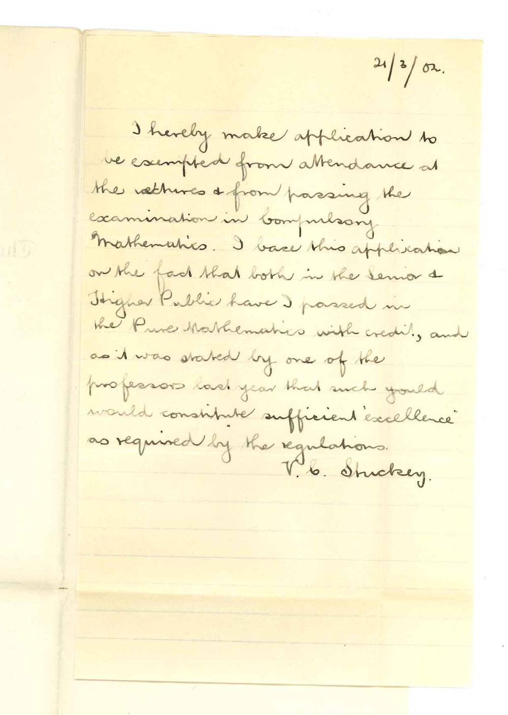 Vivian C Stuckey - Adelaide - Asking to be exempted from taking Mathematics