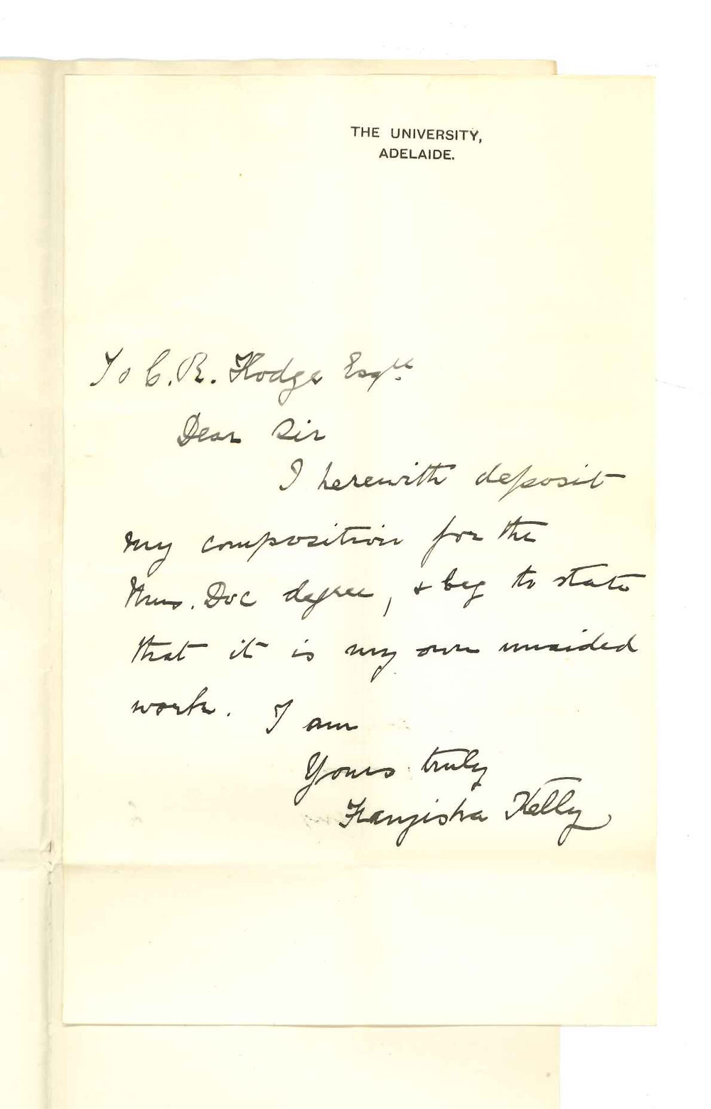 Mrs Franziska Kelly - Adelaide - Certifying that Exercise deposited for Mus Doc degree is her own unaided Composition