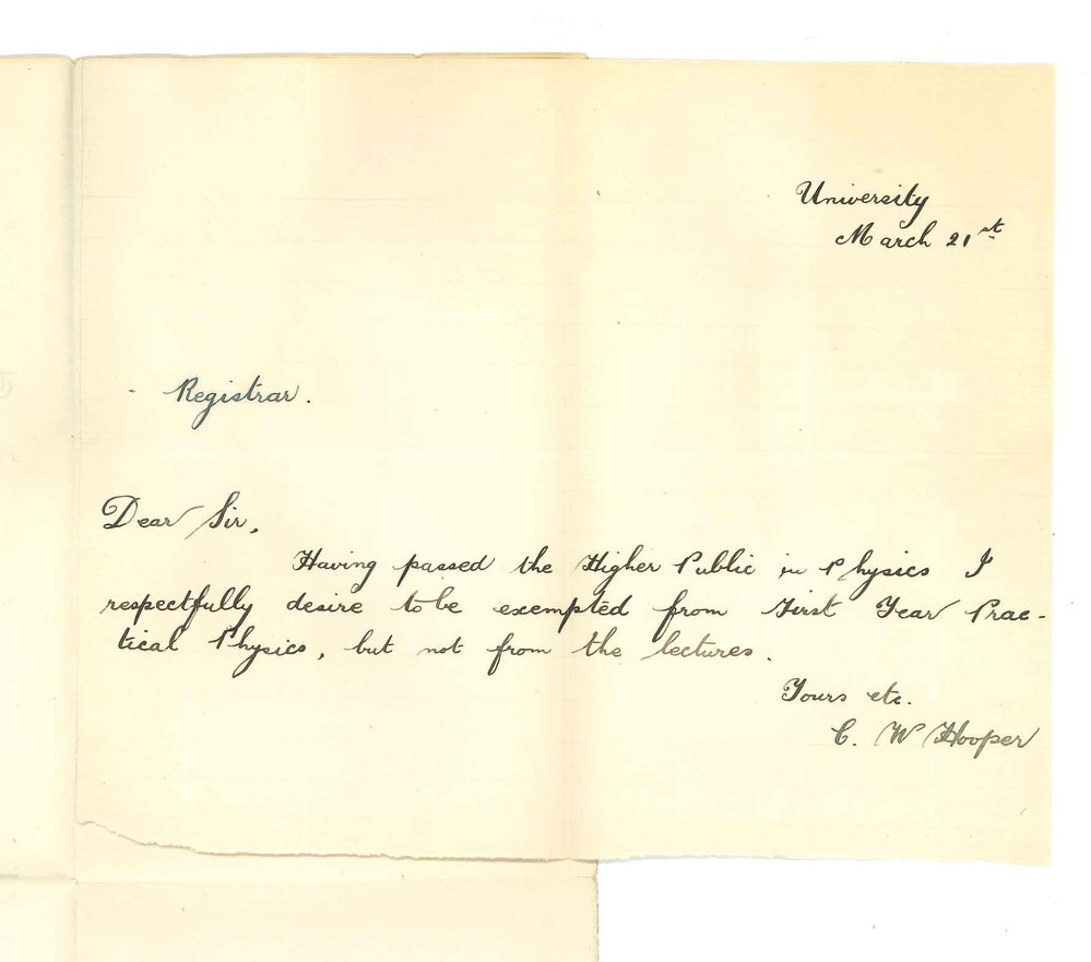Charles William Hooper - University - Asking to be exempted from taking Practical Physics