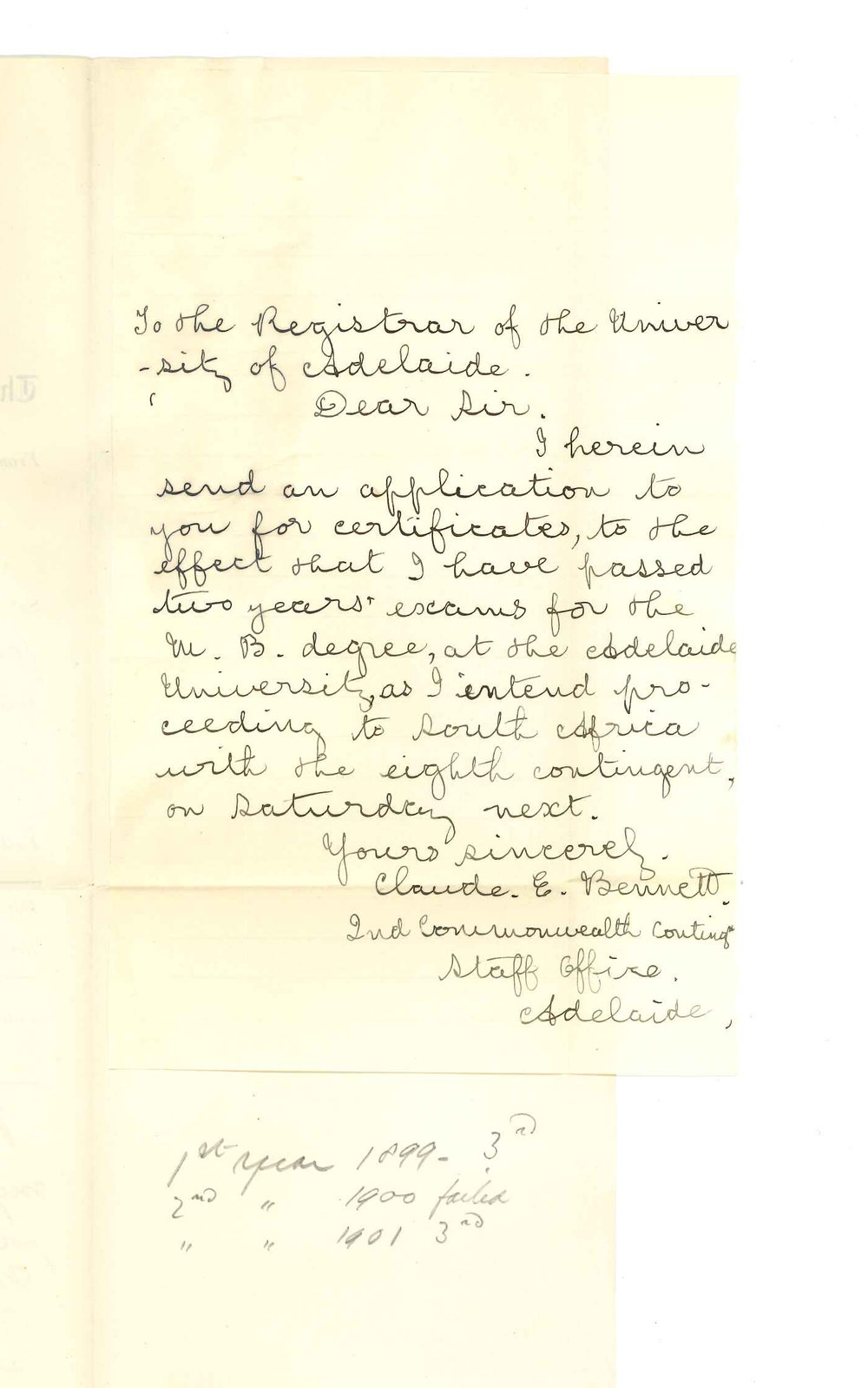 Claude E Bennett - Adelaide - Requesting certificate for passing first two years of MB Course