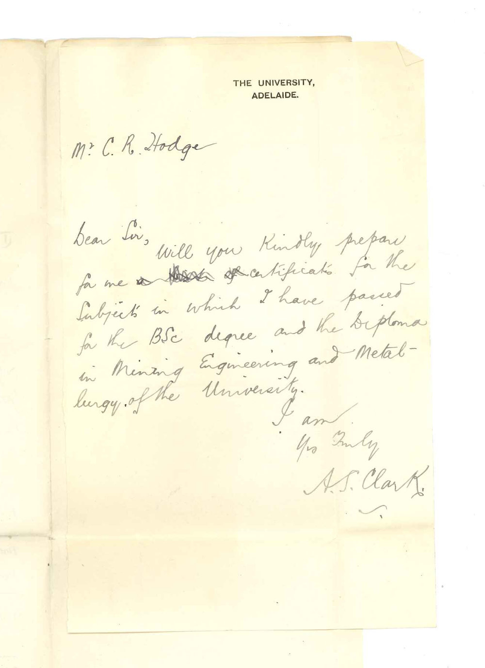 Archie Septimus Clark - University - Requesting Certificates for subjects passed in for BSc degree