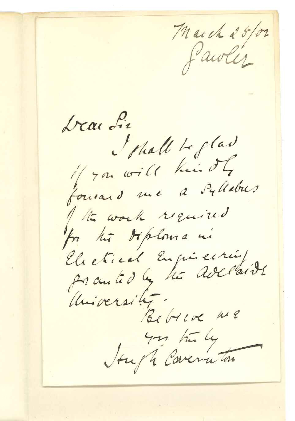 Hugh Covernton - Gawler - Requesting syllabus of Diploma in Electrical Engineering