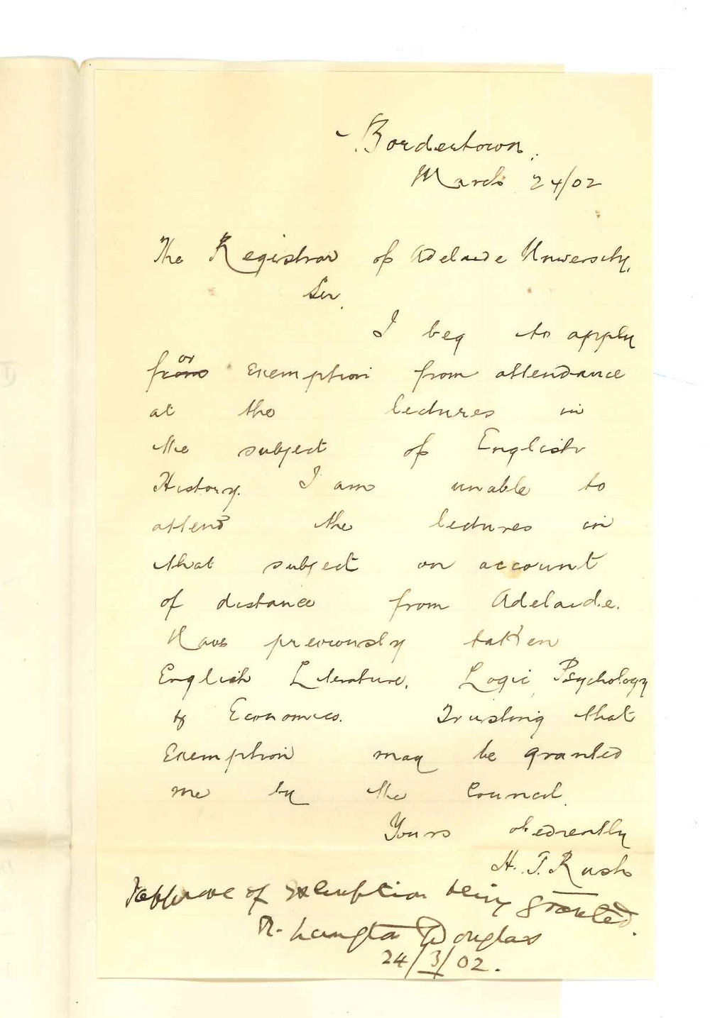 Reverend Harry Thomas Rush - Bordertown - Exemption from attendance at Lectures