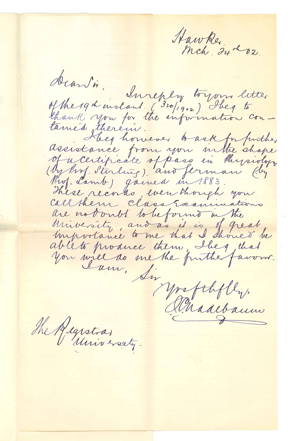 John Charles Nadebaum - Hawker - Requesting Certificates for Physiology and German passed in 1883