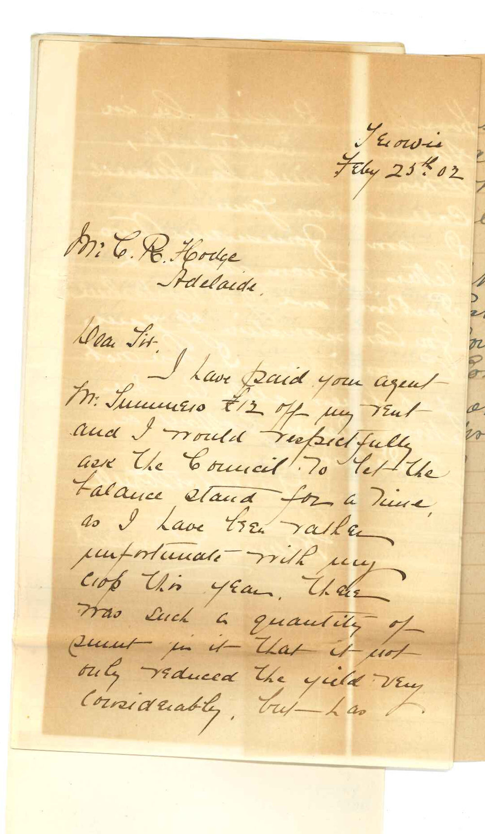 William Summers - Terowie - Forwarding rent on account of Messrs Parken and Phelan