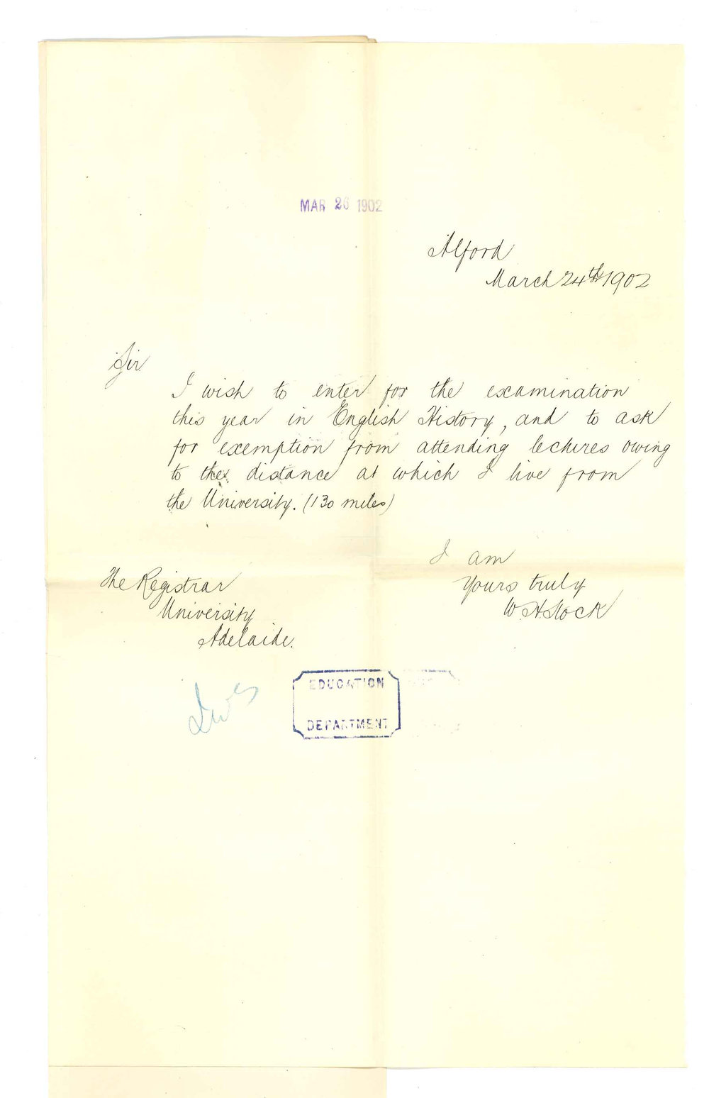 W H Stock - Alford - Exemption from attendance at Lectures