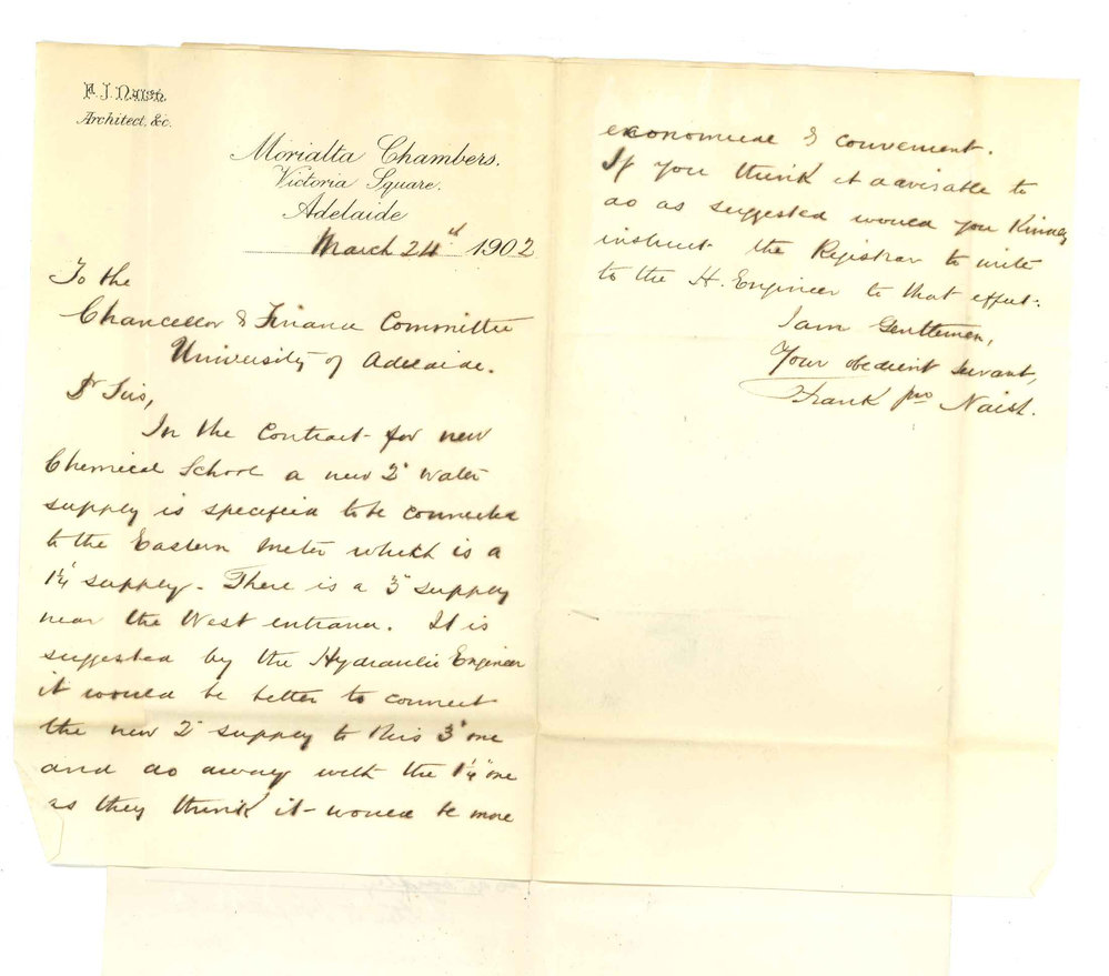 Frank John Naish - Adelaide - Water Supply to the New Chemical Laboratory