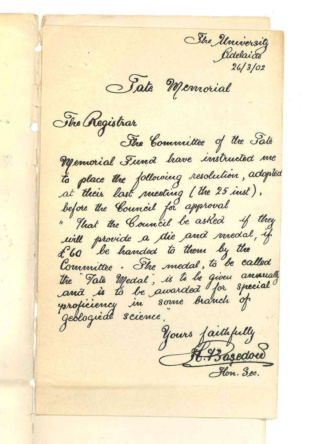 H Basedow - University - Forwarding a Resolution adopted by the Tate Memorial Committee at last meeting