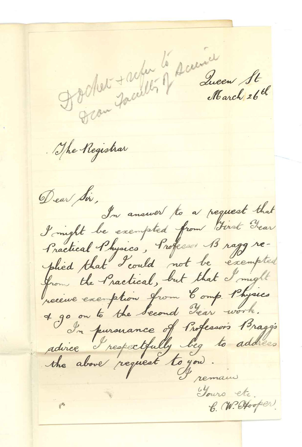 Charles William Hooper - Norwood - Exemption from attendance at Lectures