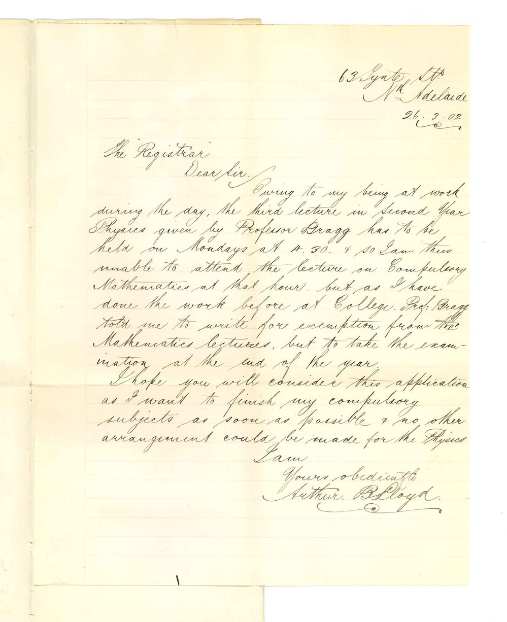 Arthur B Lloyd - North Adelaide - Exemption from attendance at Lectures