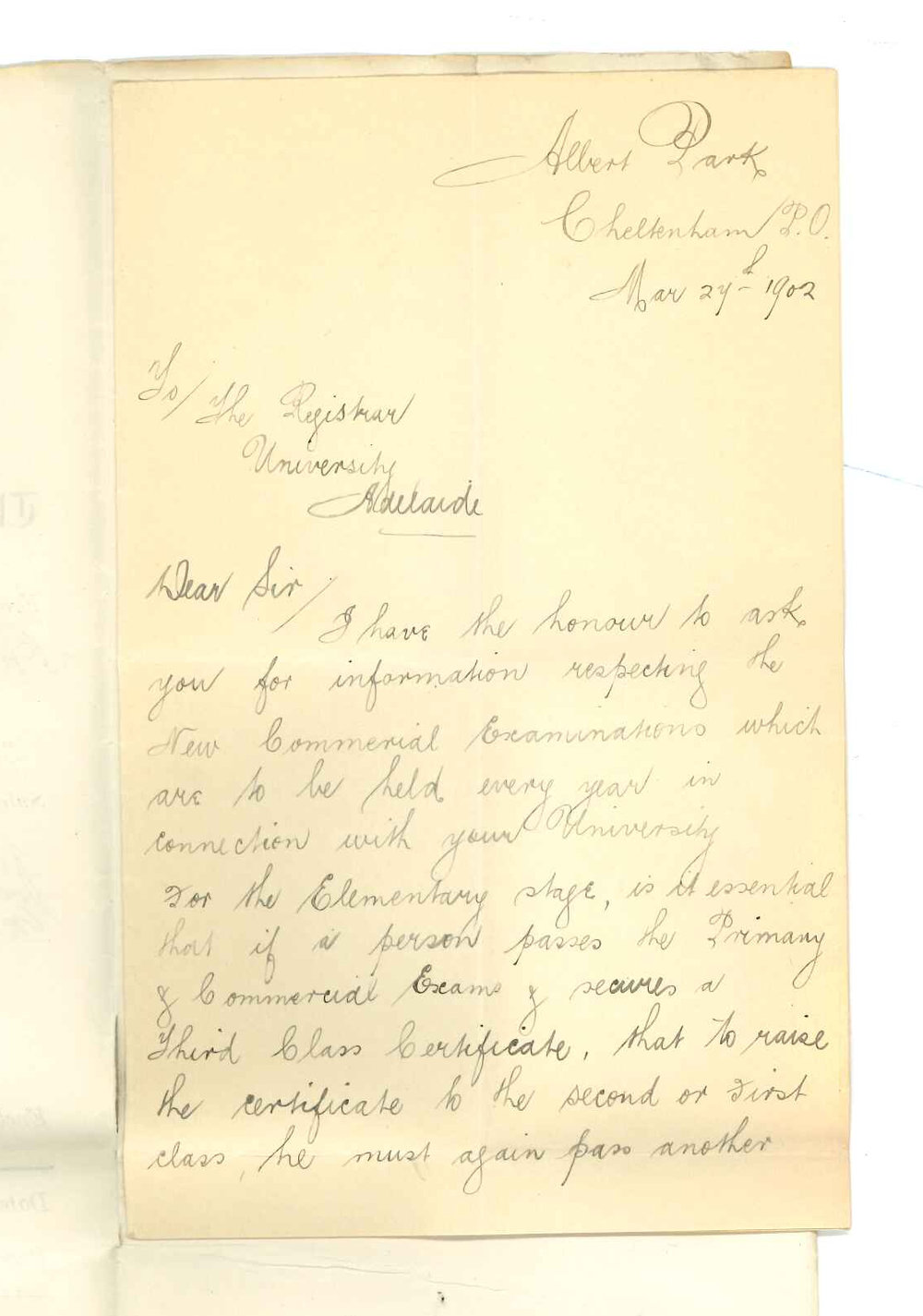 E A Smith - Albert Park - Asking for Schedule for Commercial Examinations