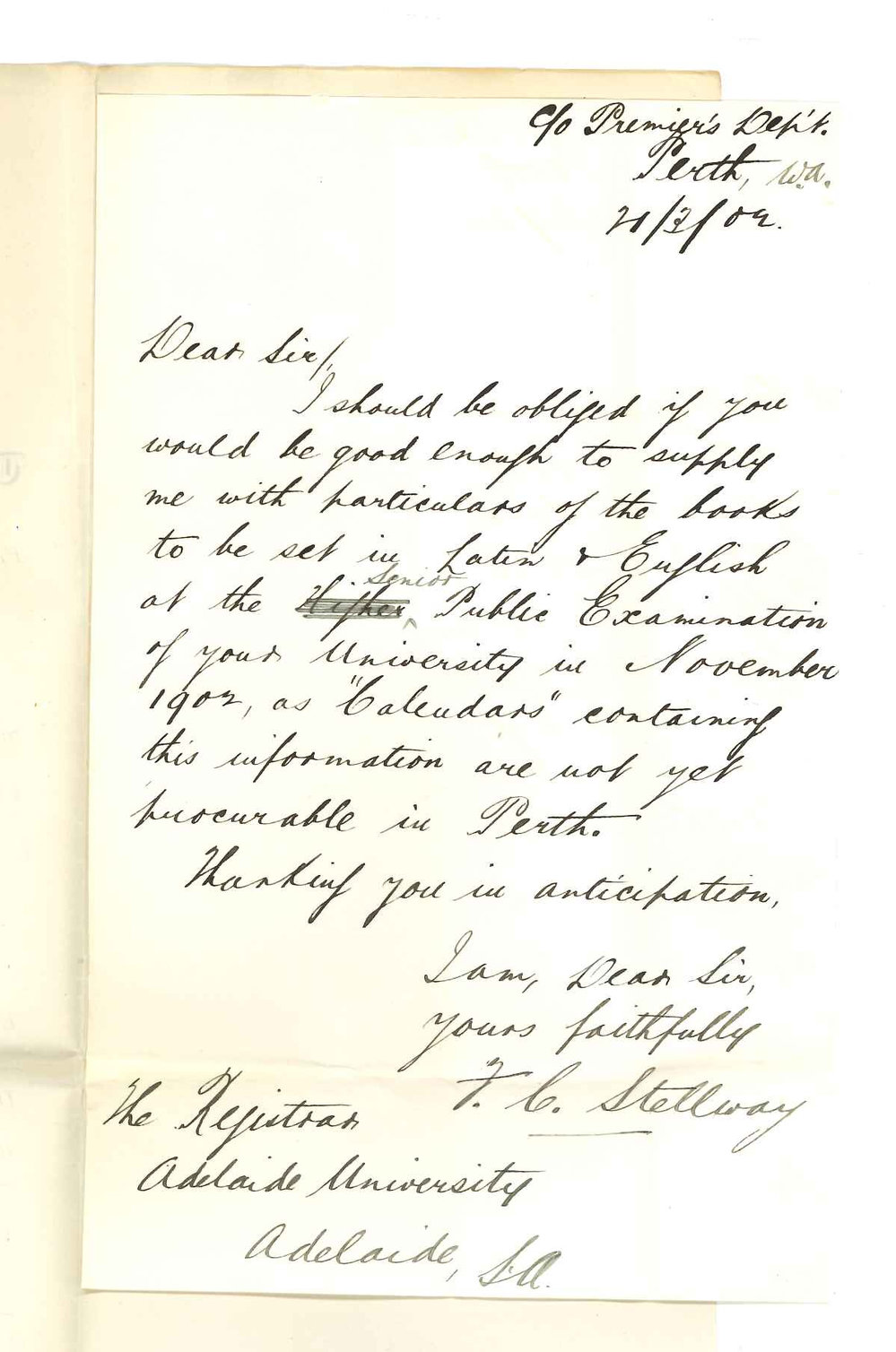 F C Stellwag - Perth - Requesting information of Senior Public Examination