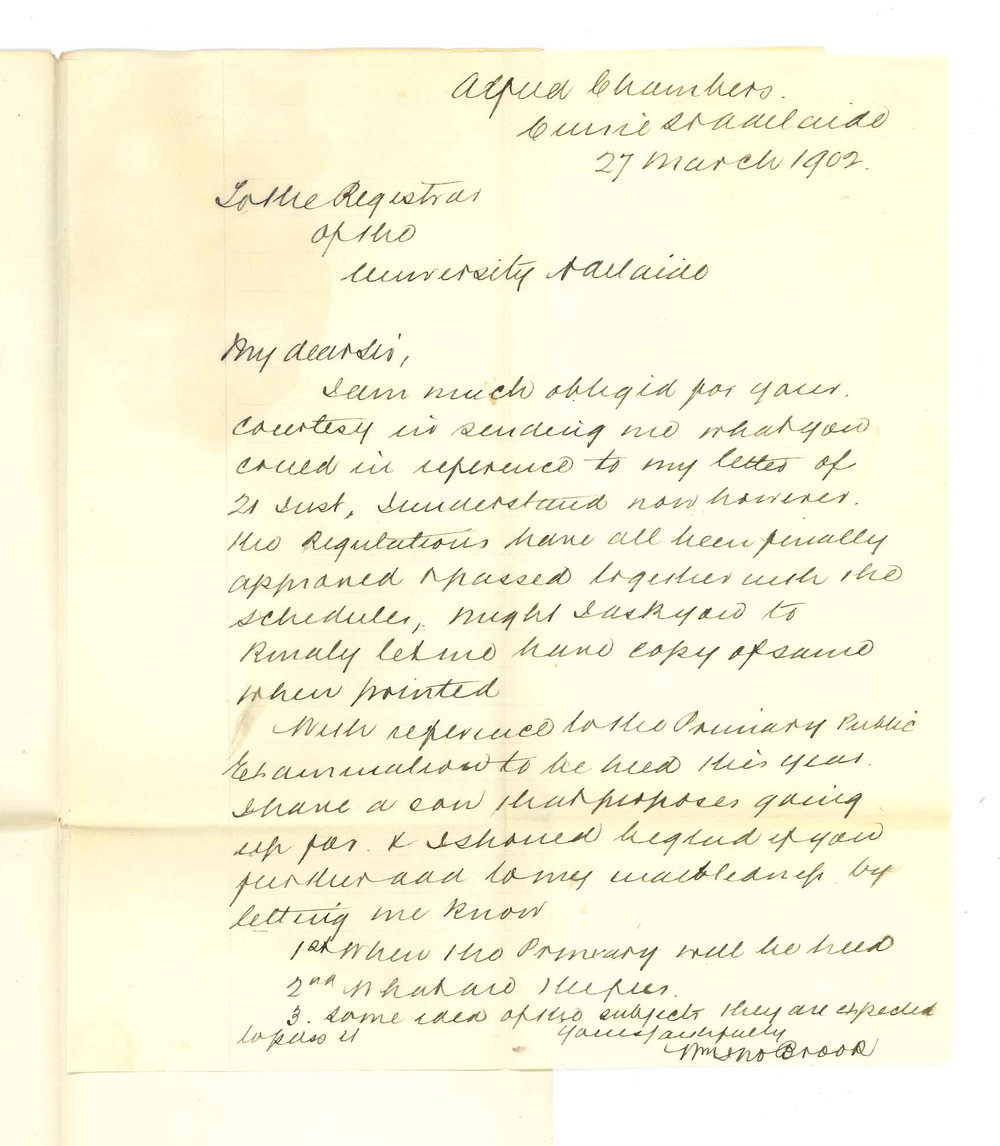 William James Brook - Adelaide - Requesting copy of Regulations asked for in letter of 21st instant and Information of Primary Public Exam