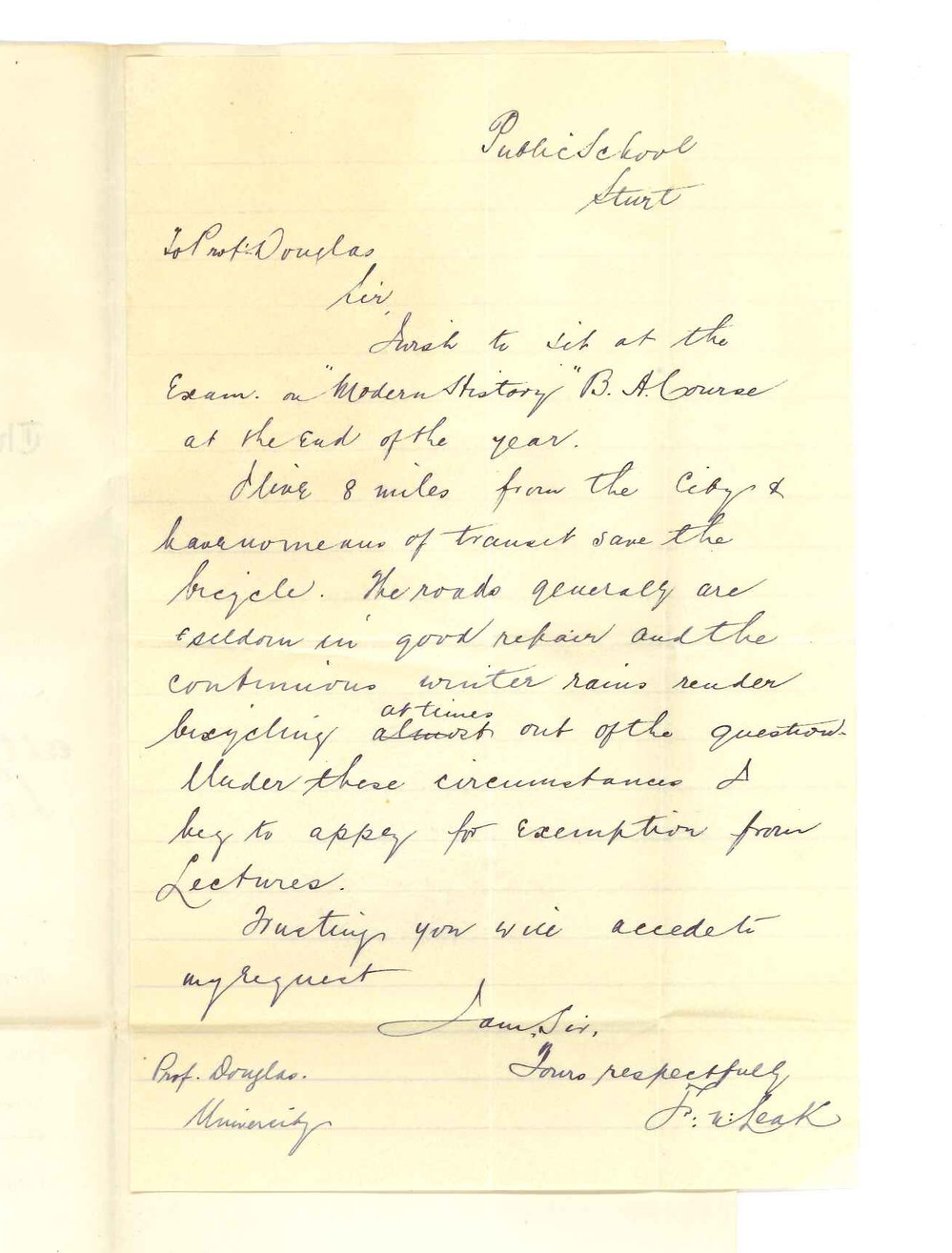 F N Leak - Sturt - Exemption from attendance at Lectures