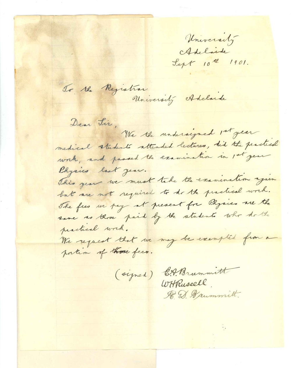 Elliott Arthur Brummitt - Robert Douglas Brummitt - Walter Henry Russell - The University - Asking for rebate of fees for Practical Physics in MB course