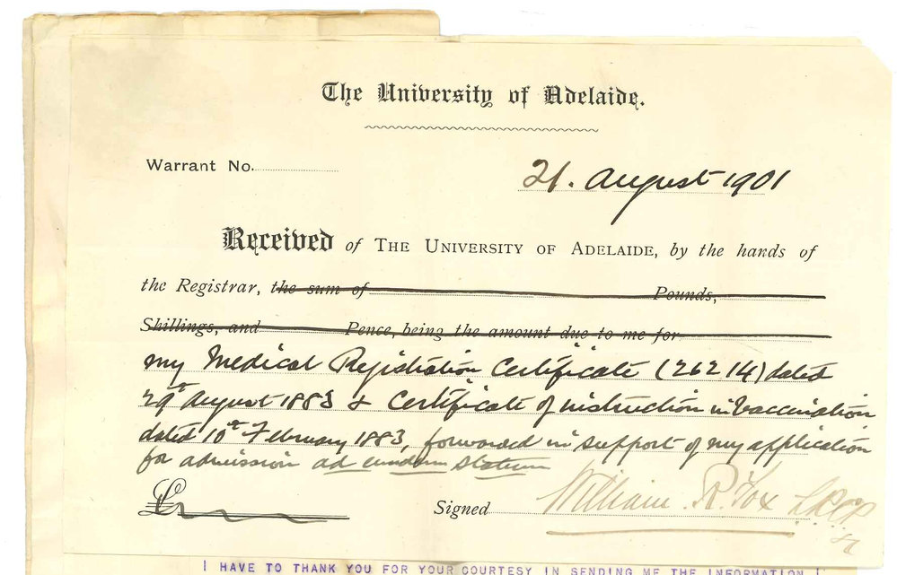 William R Fox - Melbourne - Acknowledging receipt of letters of 10th Aug and 5th Sept and concerning 5th year of MB course examination 9/9/1901