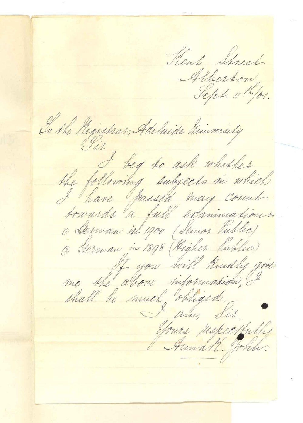 Miss Anna K John - Alberton - Concerning subjects passed in Senior and Higher Public Examination