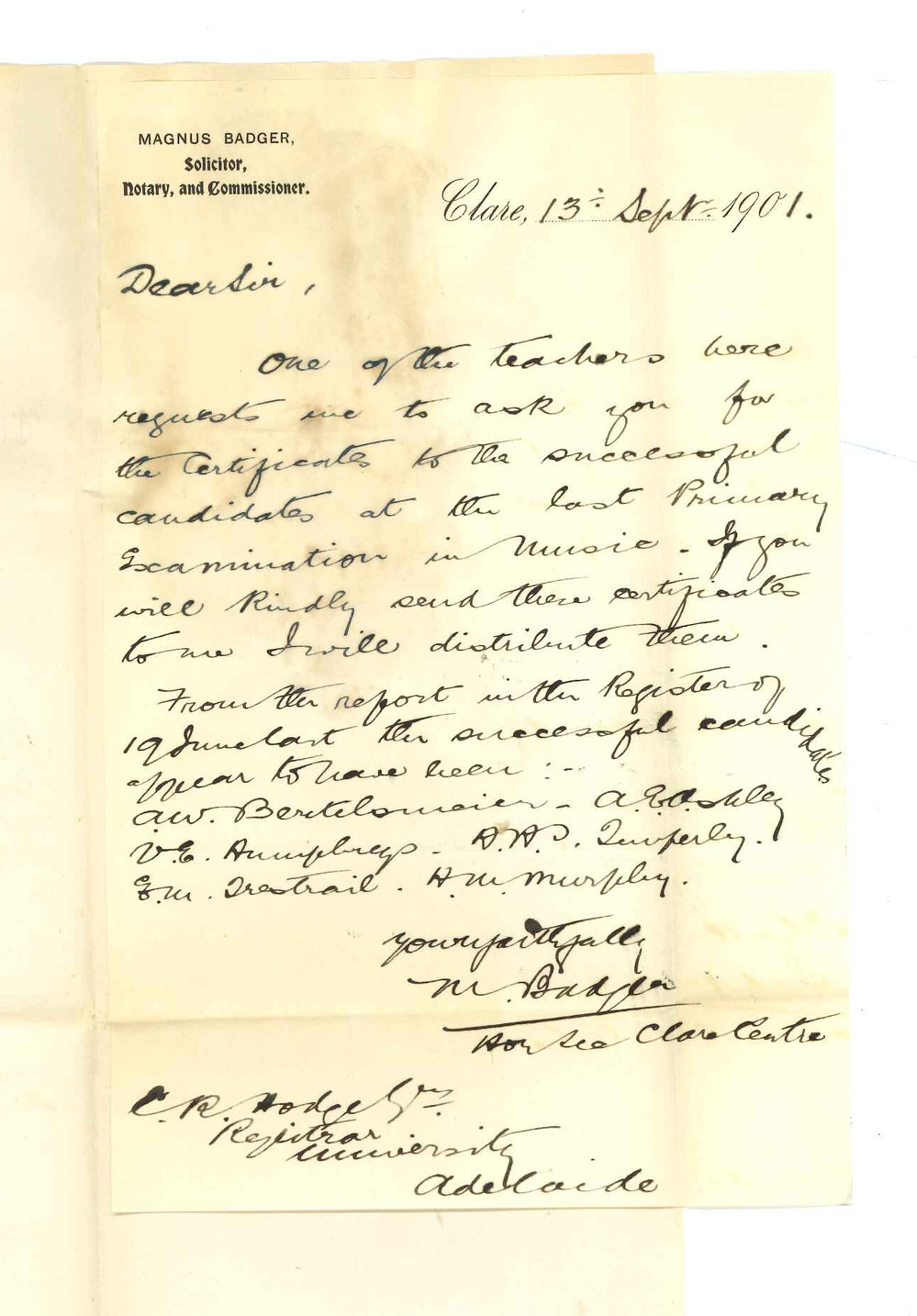 Magnus Badger - Clare - Requesting Primary Music Examination Certificates