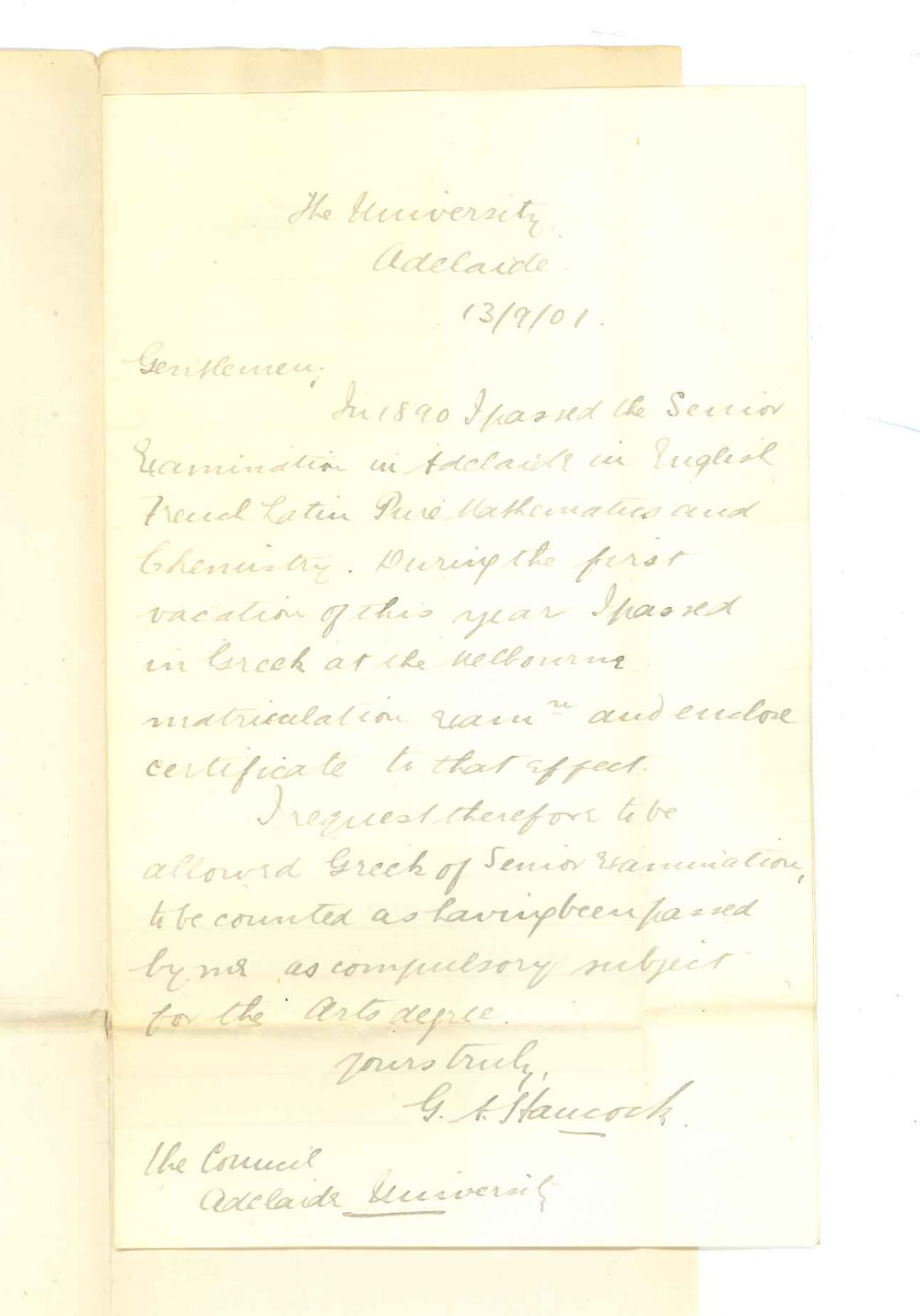 G A Hancock - Adelaide - Asking for credit for Greek of Senior Public Examination
