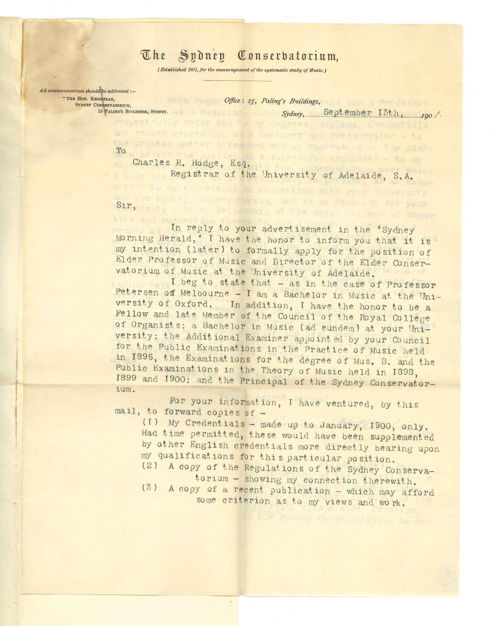 William H Wale - Sydney - Intention to apply for position of Professor of Music