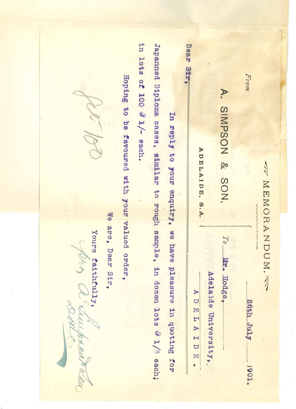 A Simpson and Son - Adelaide - Quoting prices for Japanned Diploma cases