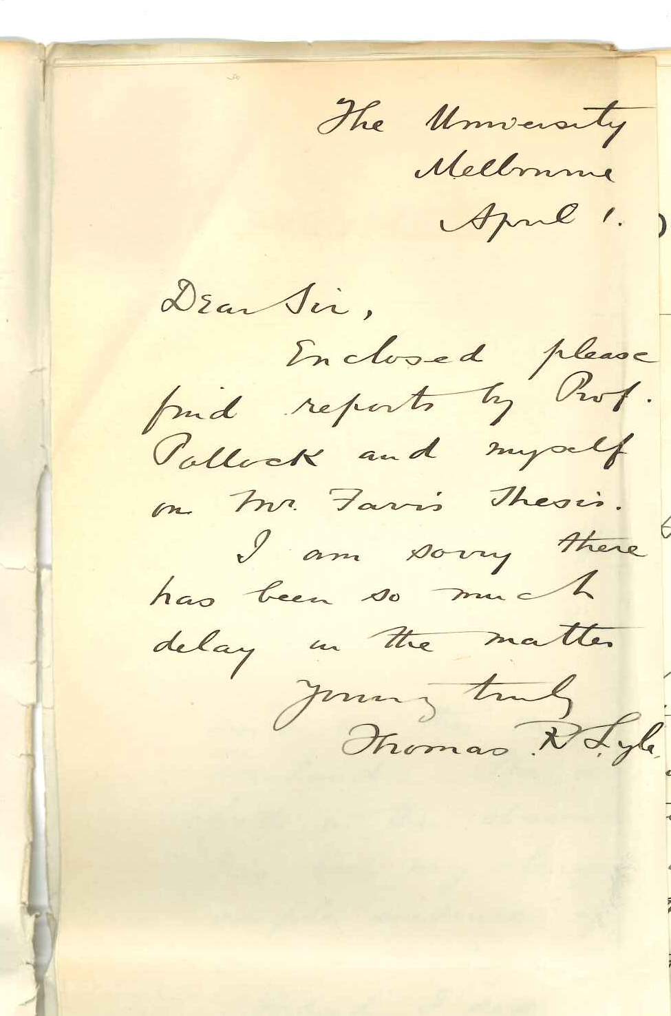 Professor Thomas R Lyle - Professor J A Pollock - Report on Mr Clinton Coleridge Farr Thesis for DSc Degree