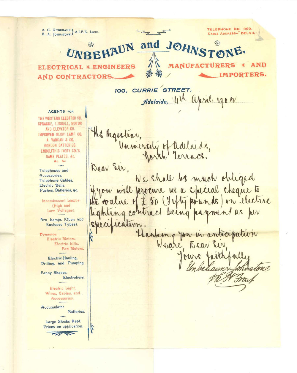 H Frost - A C Unbehaun and E A Johnstone - Adelaide - Ask for a cheque to value of &pound;50 on Electrical Light Contract