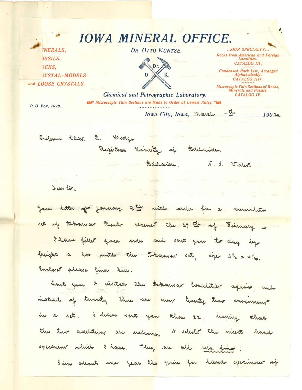 Dr Otto Kuntze - Iowa City Iowa - Forwarding account for Specimens ordered on 27th February 1902
