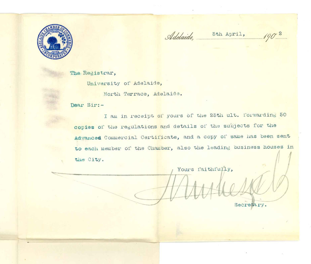 John Creswell - Secretary - Chamber of Commerce - Adelaide - Acknowledging receipt of Regulations of Advanced Commercial Certificates