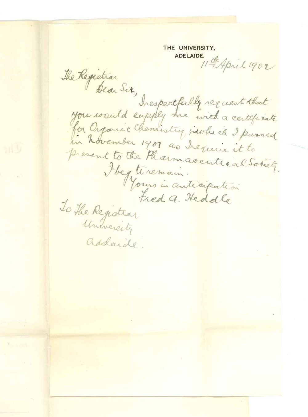 Fred A Heddle - The University - Requesting Certificate for pass in Organic Chemistry