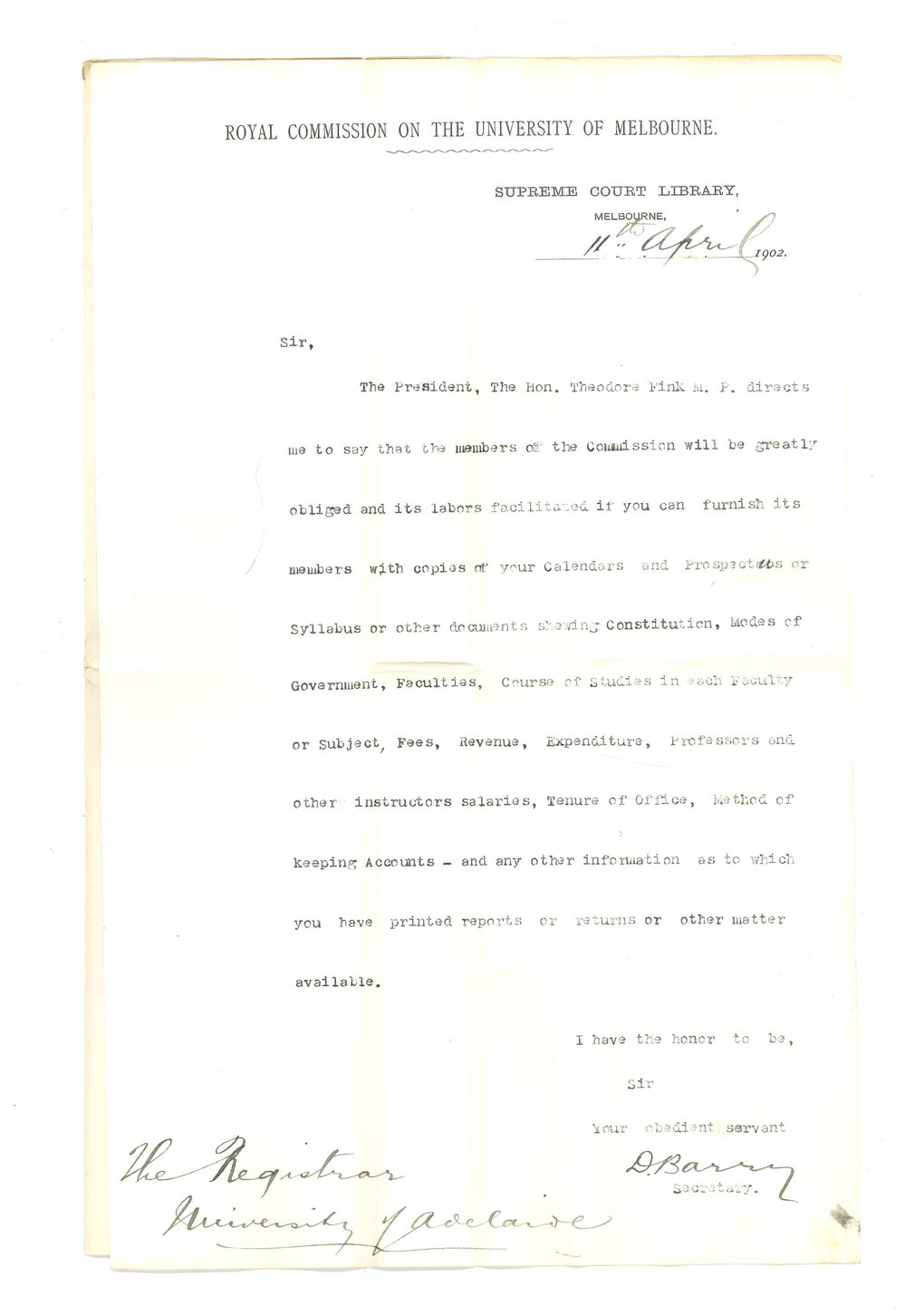 D Barry - Secretary Royal Commission - University of Melbourne - Copies of Calendars Printed Documents and Method of Keeping Accounts