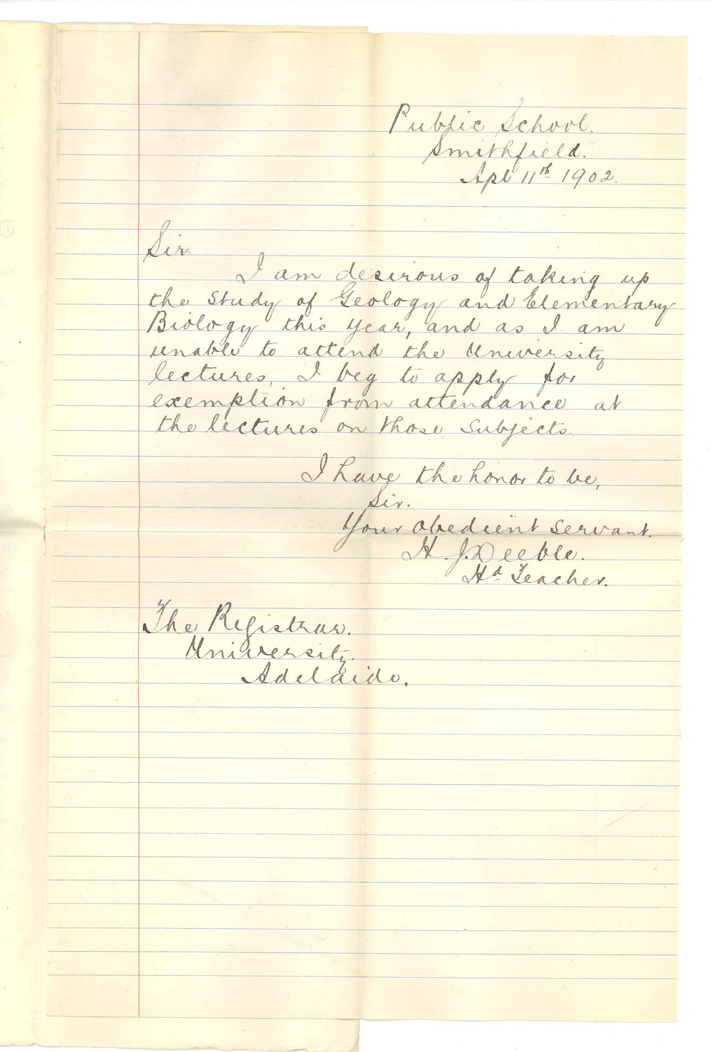 Herbert John Deeble - Smithfield - Exemption from attendance at Lectures