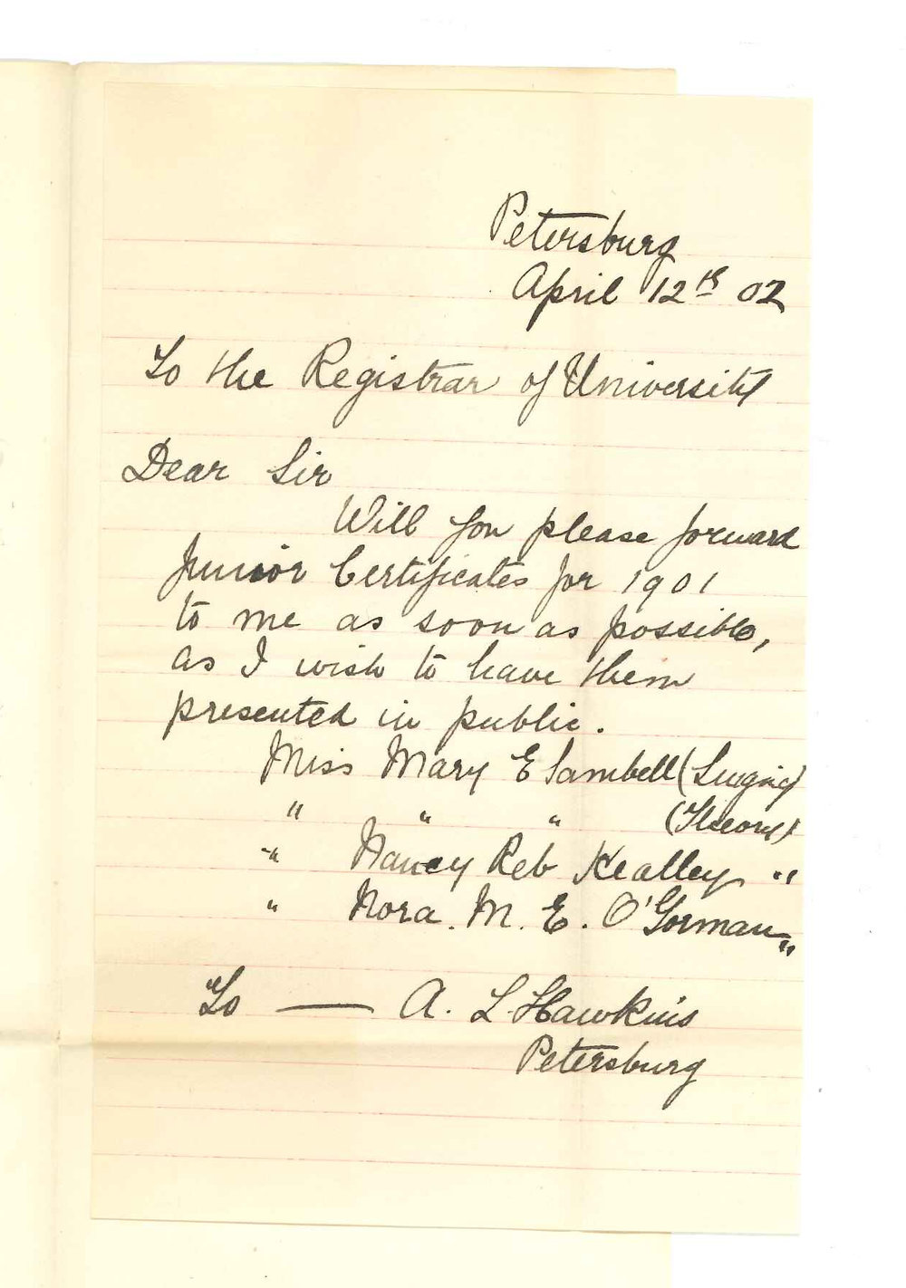 Miss A L Hawkins - Petersburg - Requesting Junior Certificates 1901