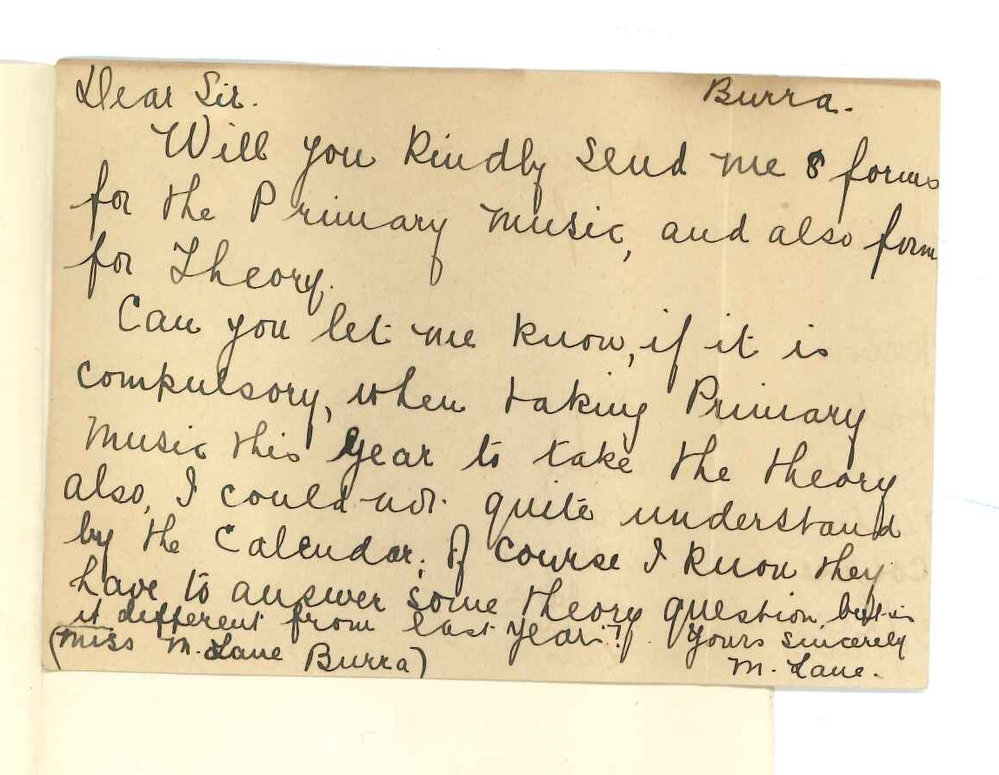 Miss Muriel Lane - Burra - Asking if Theory has to be taken with Practice of Music for Primary Exam - Requesting Entry Forms