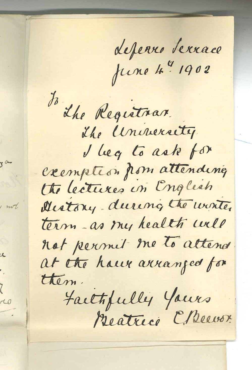 Miss Beatrice C Beevor - North Adelaide - Exemption from attendance at lectures