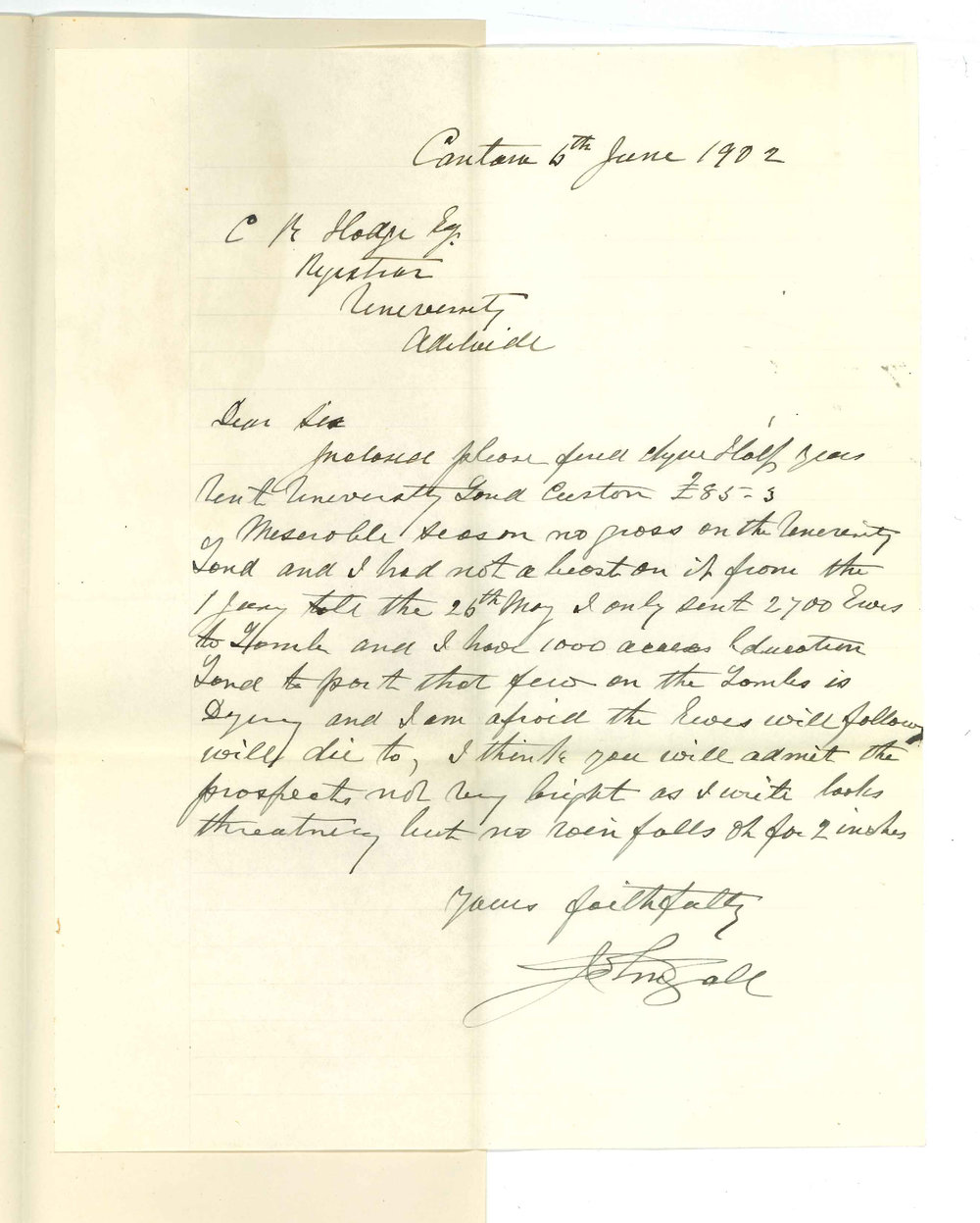 John Gall - Cantara - Forwarding cheque for half years rent
