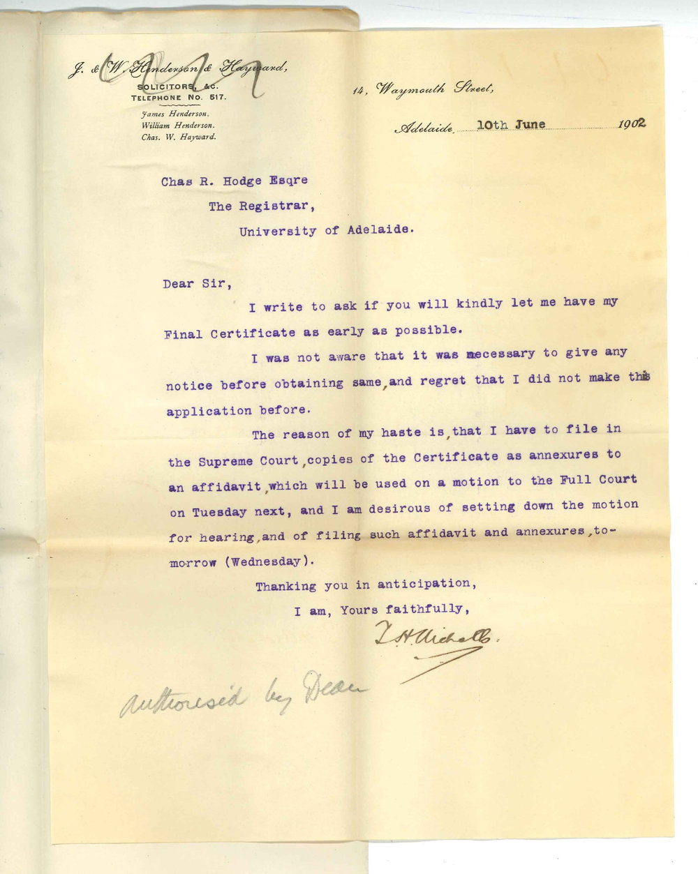Theodore Henry Nicholls - Adelaide - Application for Final Certificate in Law