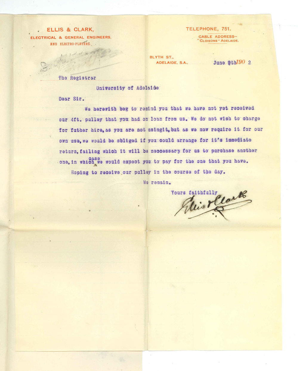 Messrs Ellis and Clark - Adelaide - Requesting return of Pulley lent on hire