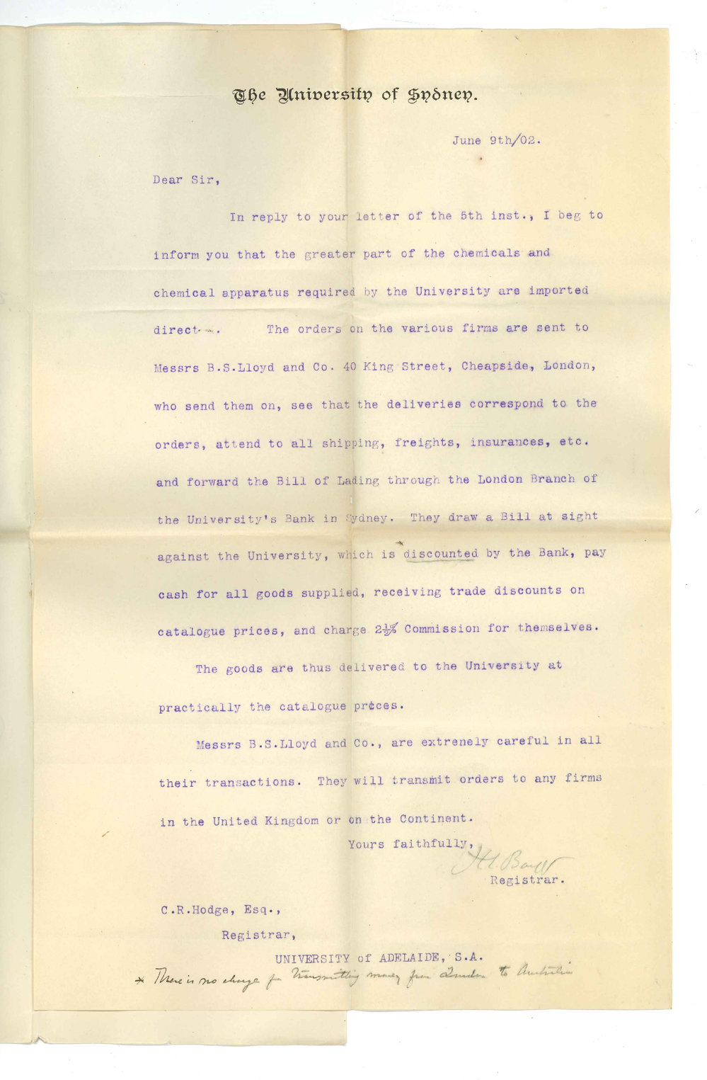 Henry Ebenezer Barff - Registrar - University of Sydney - Giving information as to how University imports chemicals and chemical apparatus