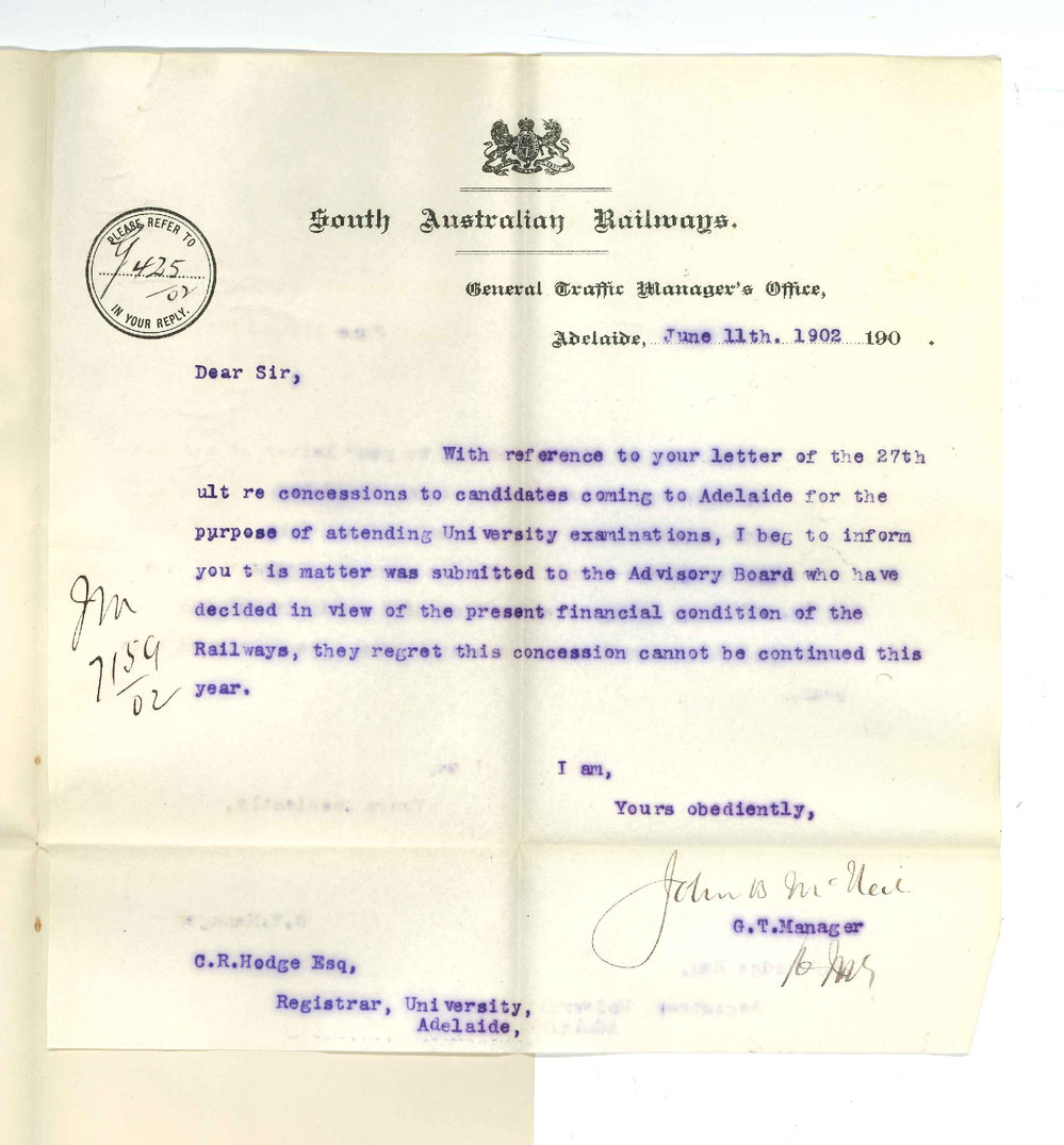 John B McNeil - General Traffic Manager - SA Railways Adelaide - Concessions to candidates coming to Adelaide for exams cannot be continued for this year