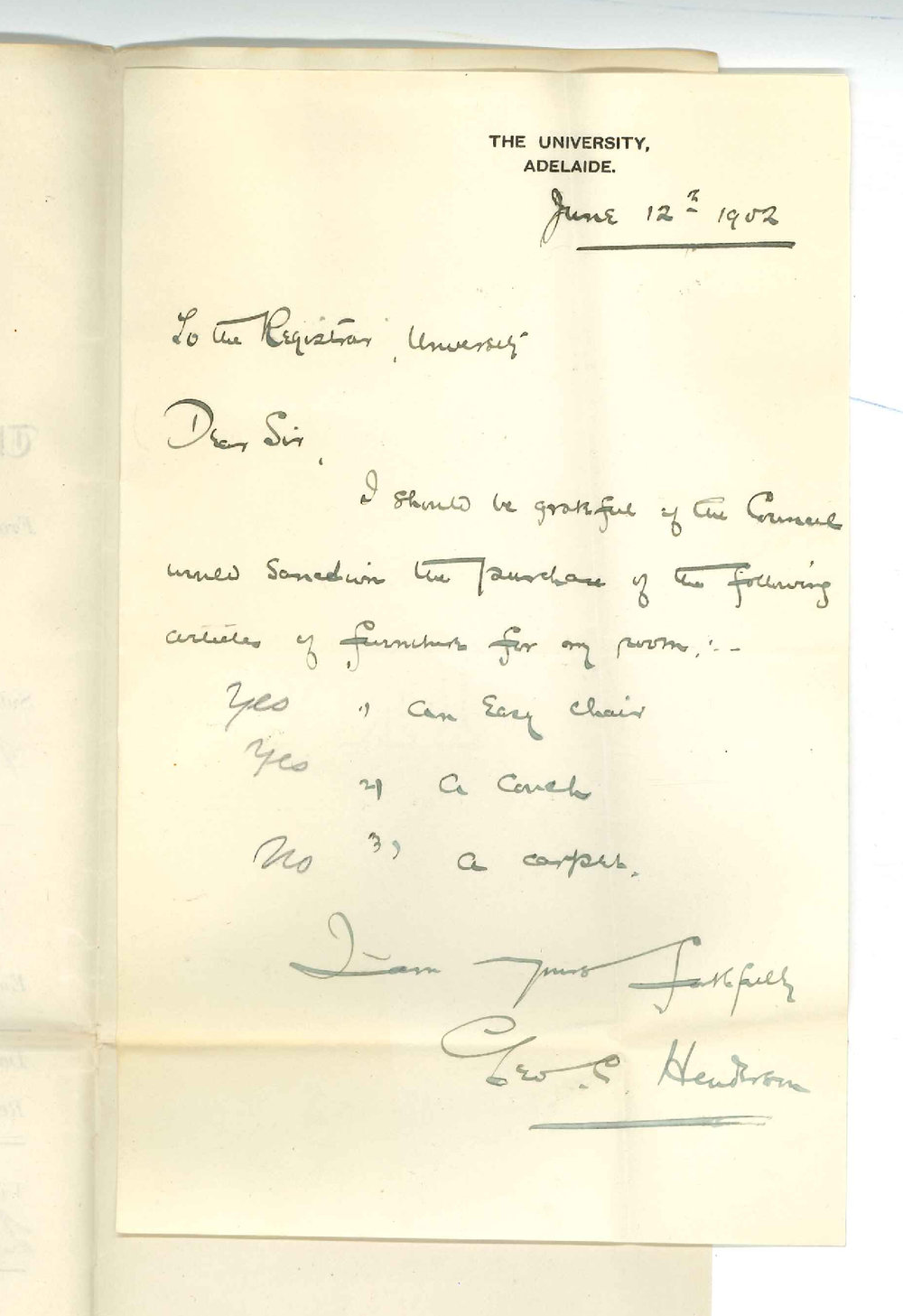 Professor George Cockburn Henderson - The University - Requesting furniture for his private rooms