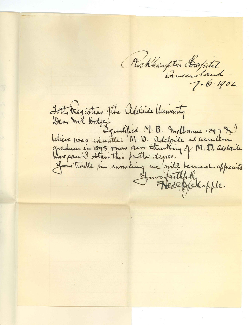 Frederick J Chapple - Rockhampton Hospital - Queensland - Information for obtaining MB Degree