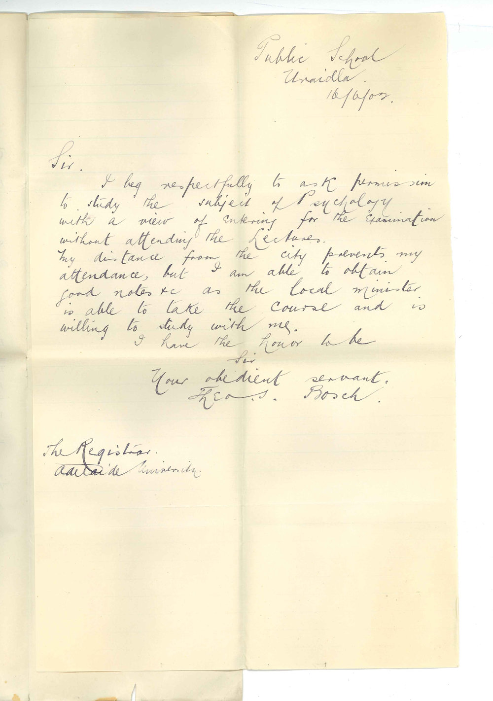 Theo S Bosch - Uraidla - exemption from attendance at Lectures