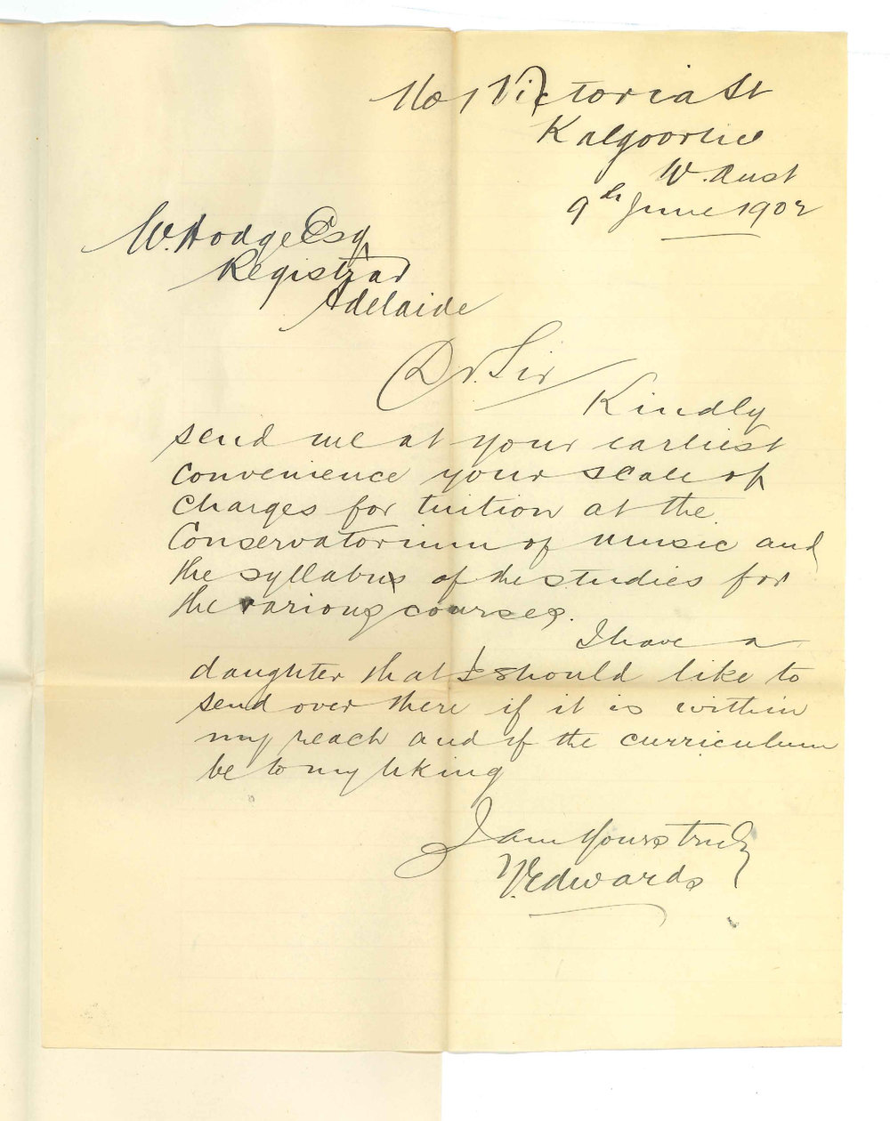 T Edwards - Kalgoorlie WA - Requesting particulars of fees etc at Conservatorium
