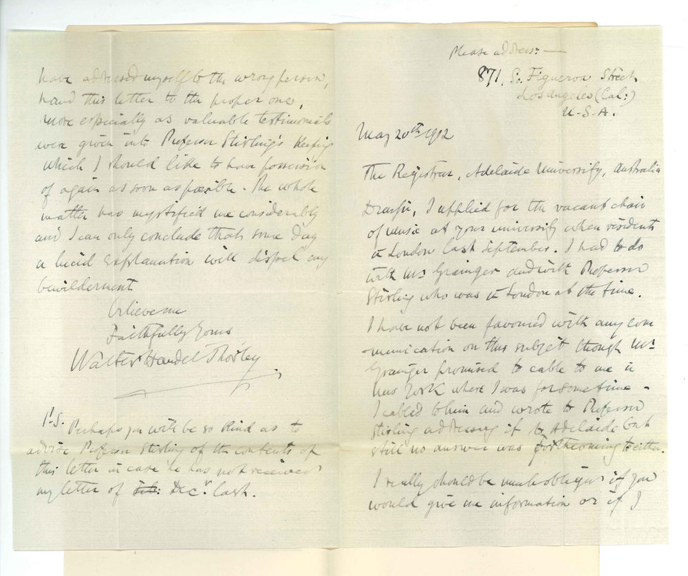 Walter H Thorley - Los Angeles California USA - Regarding his application for Professorship of Music