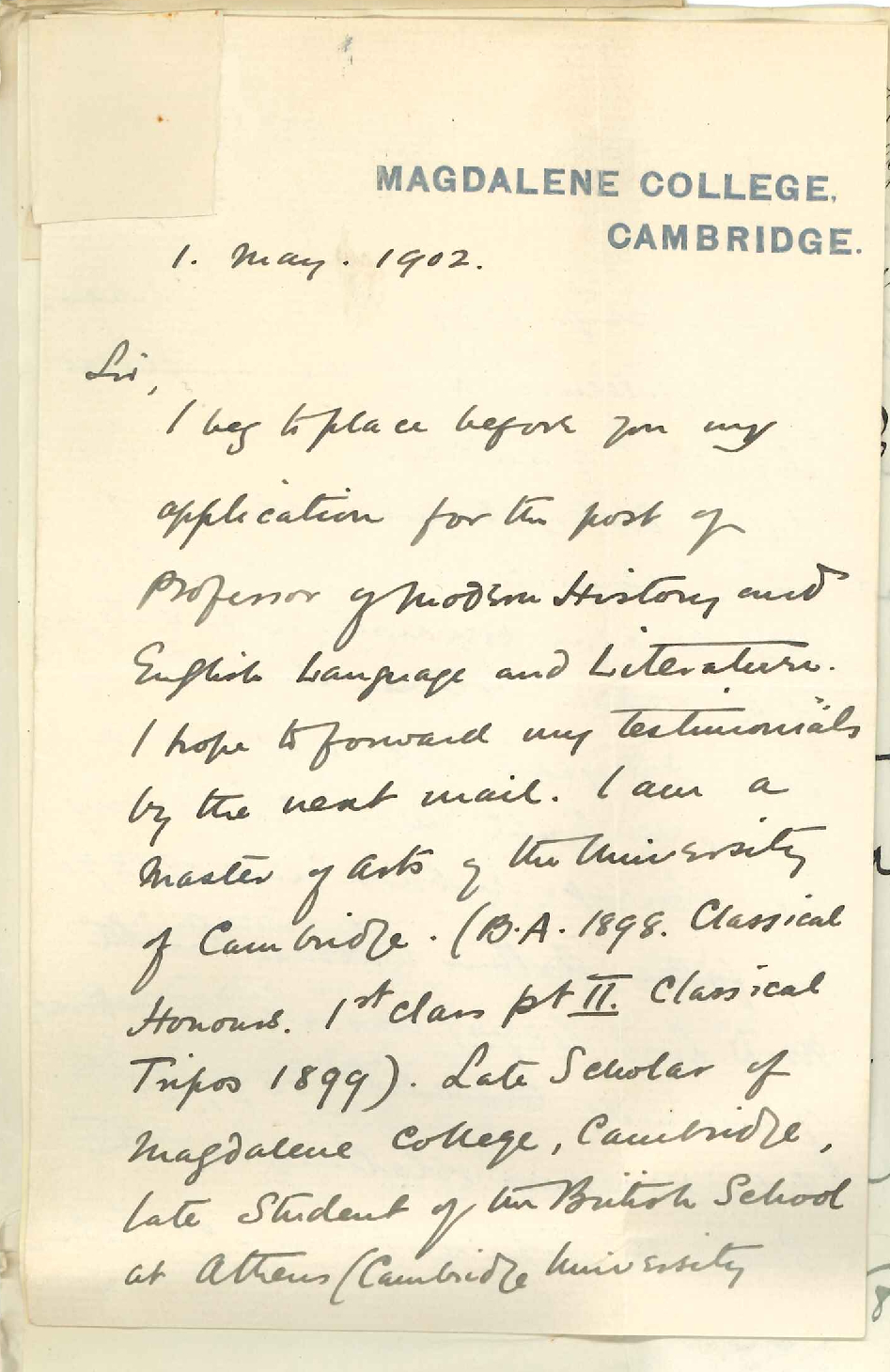 S Charles Kaines Smith - Cambridge - Application for Chair of Modern History and English Language and Literature