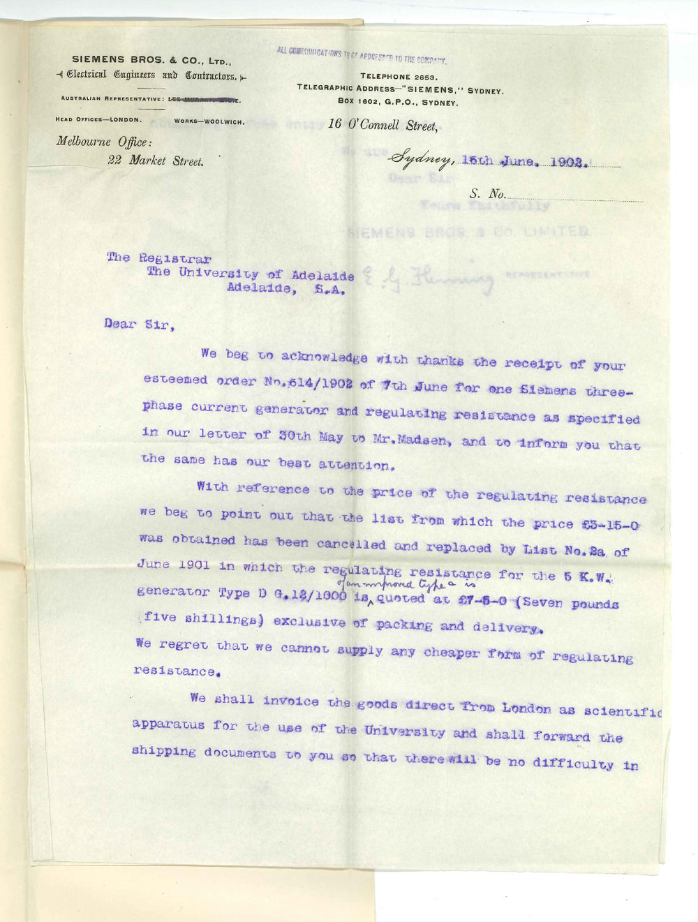 Siemens Brothers and Company Limited - Sydney - With respect to order of 7 June for Siemens generator and regulating resistance