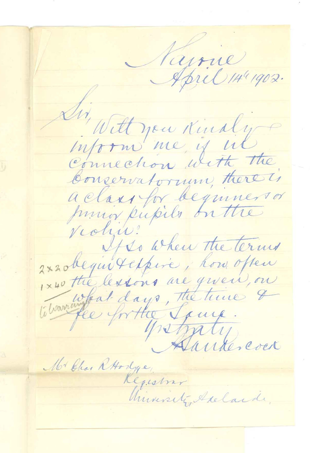 A Sandercock - Nairne - Requesting information of junior violin class at Conservatorium