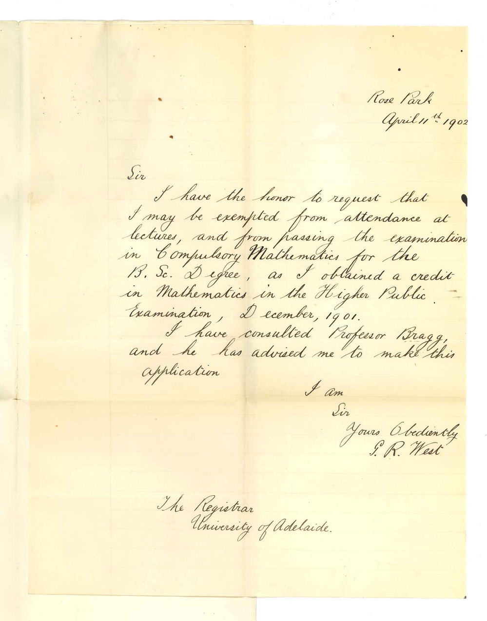Gordon Roy West - Rose Park - Exemption from attendance at lectures